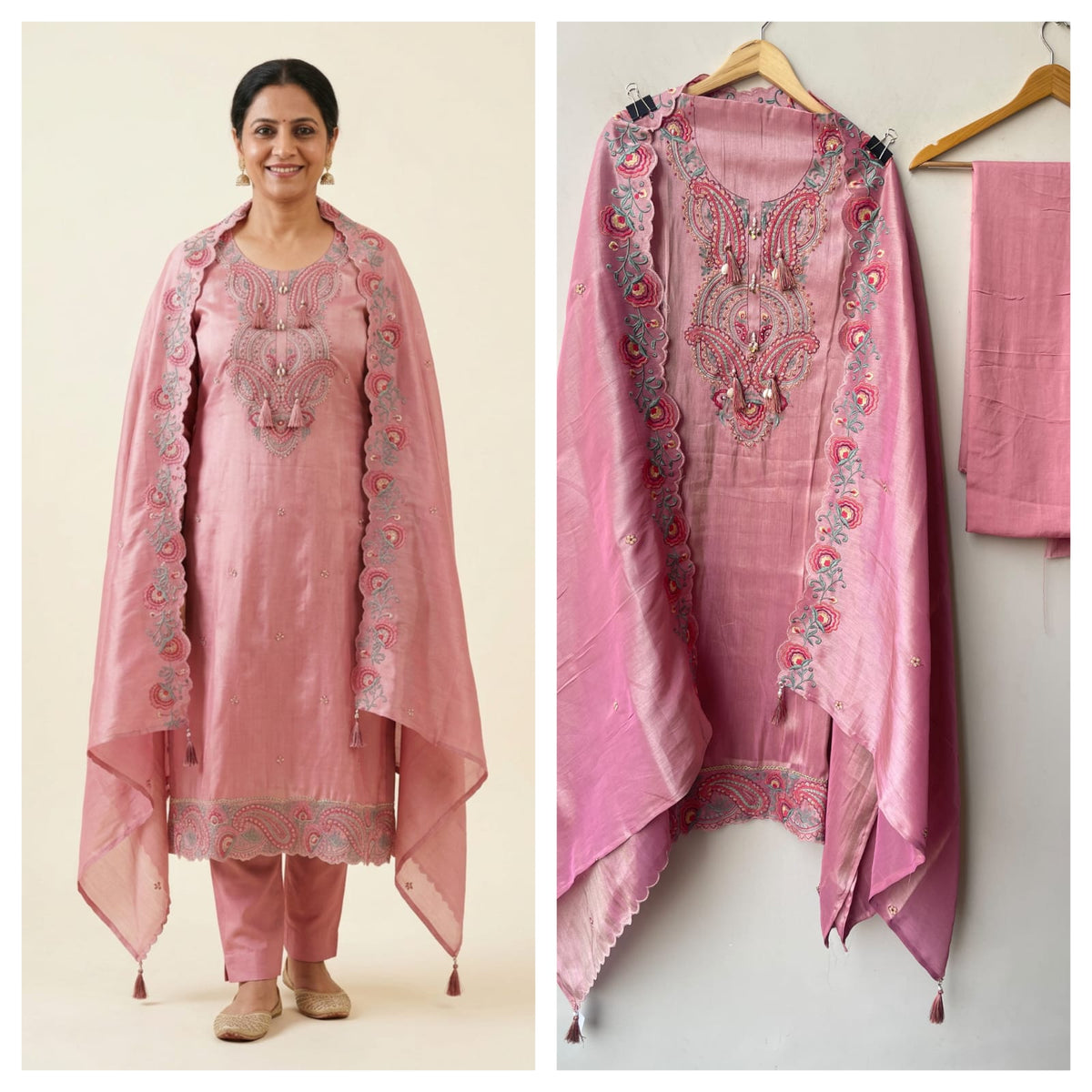 Pure Shimmer Silk Unstitched Suit Set with Resham Pearl Zari Embroidery & Swarowski Highlighting
