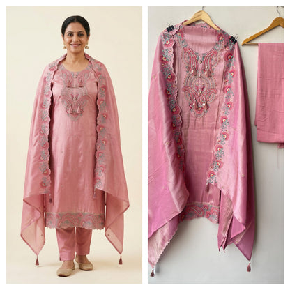 Pure Shimmer Silk Unstitched Suit Set with Resham Pearl Zari Embroidery & Swarowski Highlighting