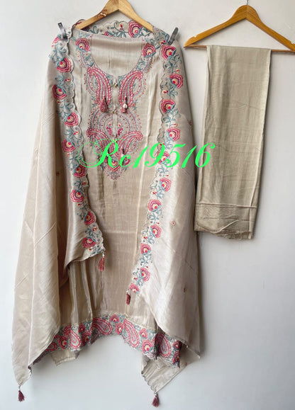 Pure Shimmer Silk Unstitched Suit Set with Resham Pearl Zari Embroidery & Swarowski Highlighting