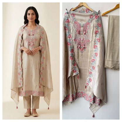 Pure Shimmer Silk Unstitched Suit Set with Resham Pearl Zari Embroidery & Swarowski Highlighting