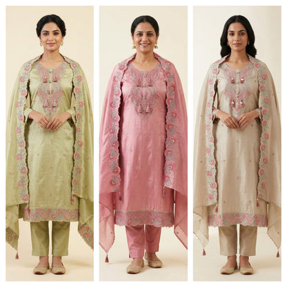 Pure Shimmer Silk Unstitched Suit Set with Resham Pearl Zari Embroidery & Swarowski Highlighting