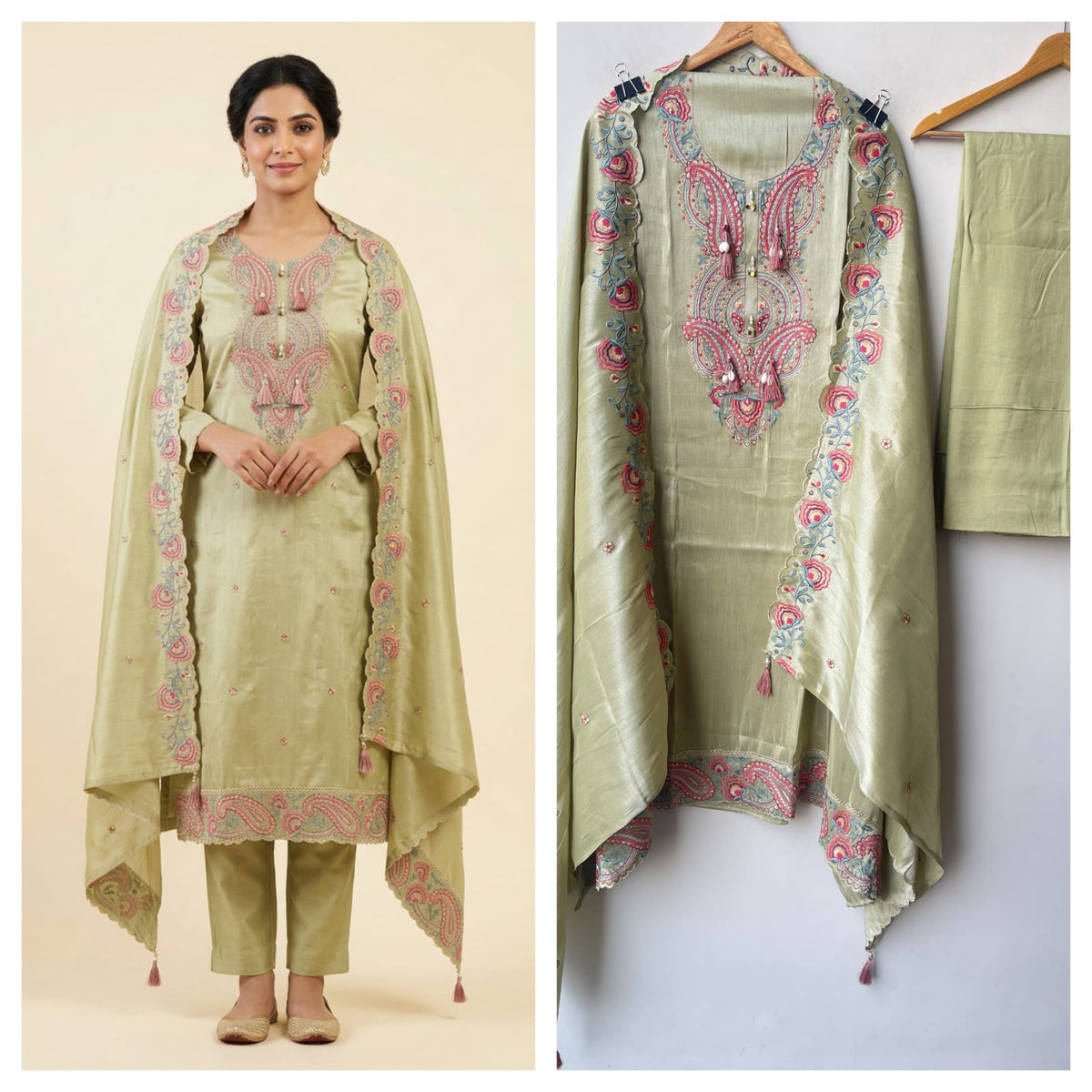 Pure Shimmer Silk Unstitched Suit Set with Resham Pearl Zari Embroidery & Swarowski Highlighting