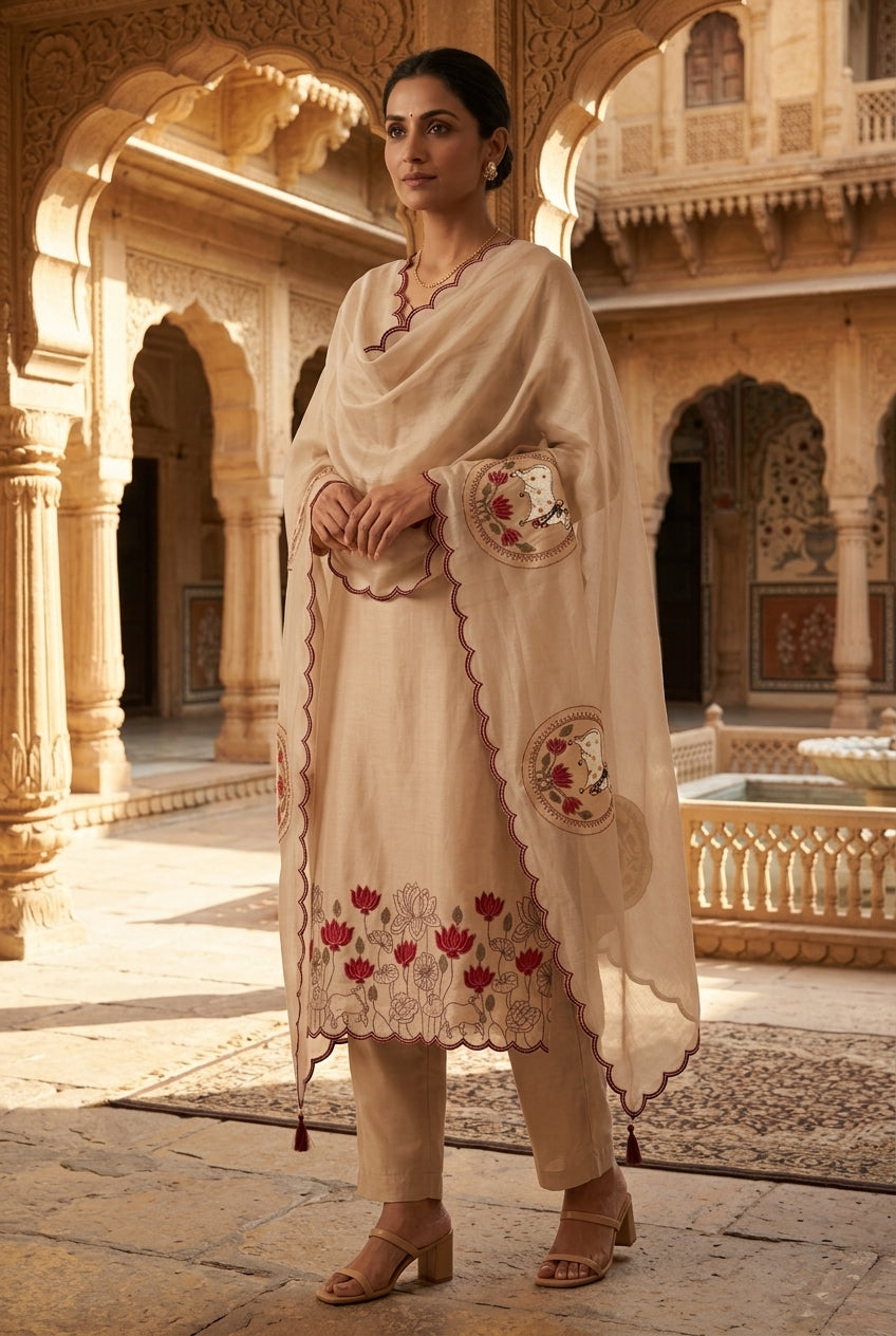 Shimmer Organza Silk Resham Suit with Pichwai Dupatta - Sand Champagne Nude Architectural Shoot