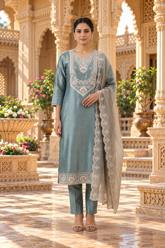 Pure Shimmer Organza Mirror & Resham Zari Suit - Ice Blue / Aqua Model