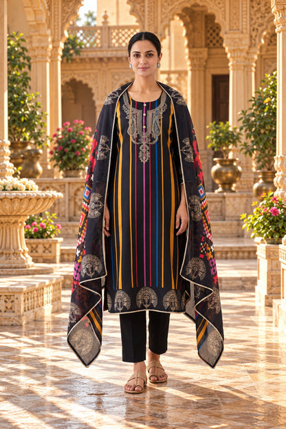 Satin Crepe Printed Suit with Swarovski Mirror Work