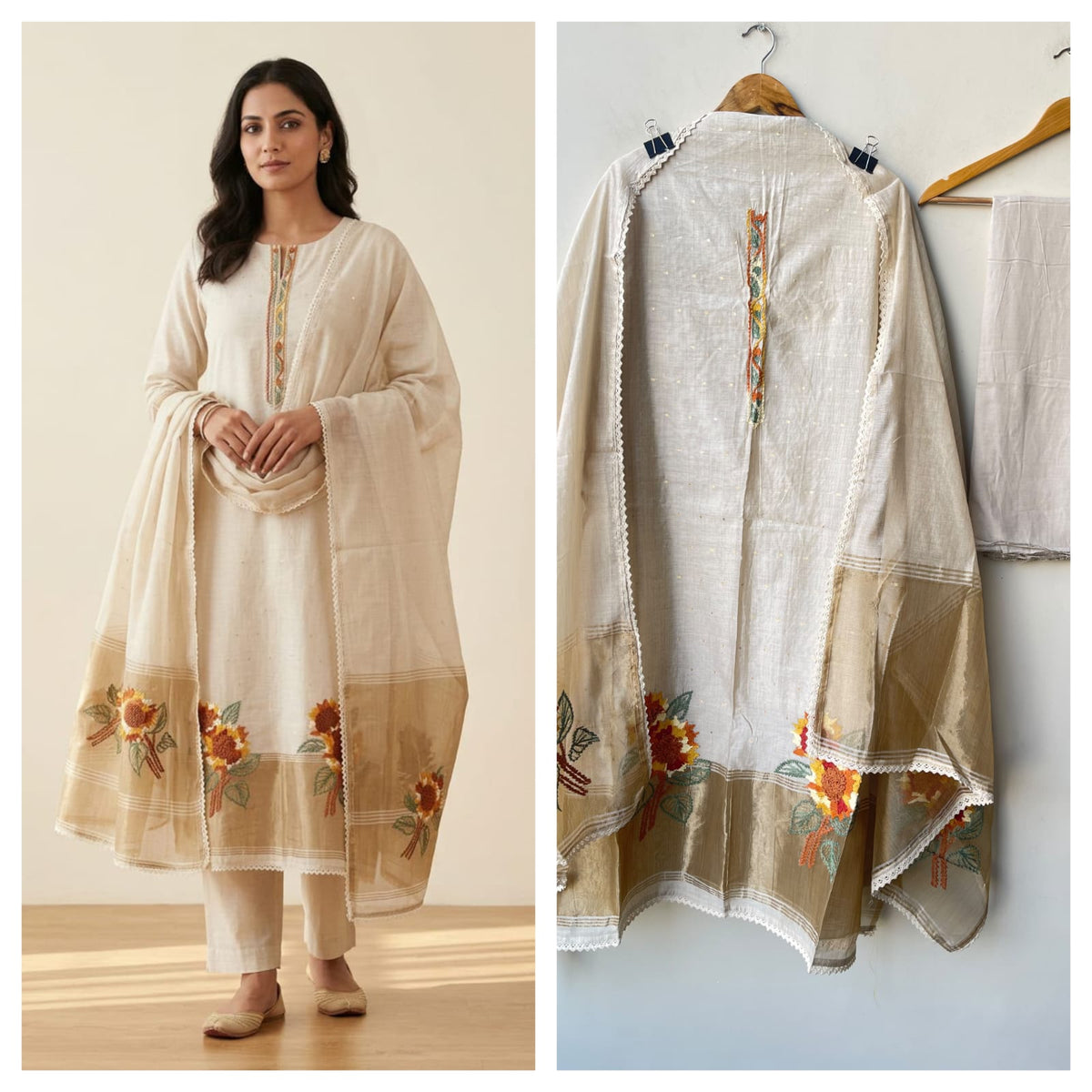 Banarasi Mul Chanderi Resham & Crotia Lace Embroidered Unstitched Suit Set with Dupatta