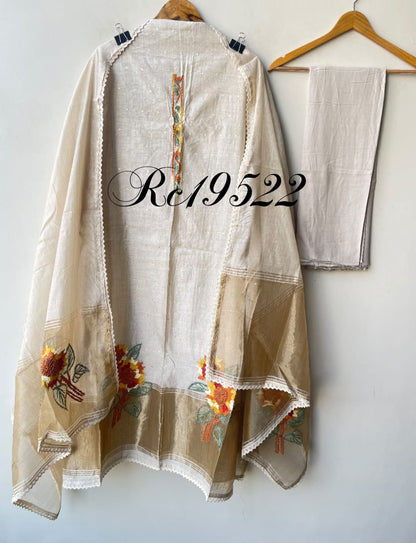 Banarasi Mul Chanderi Resham & Crotia Lace Embroidered Unstitched Suit Set with Dupatta