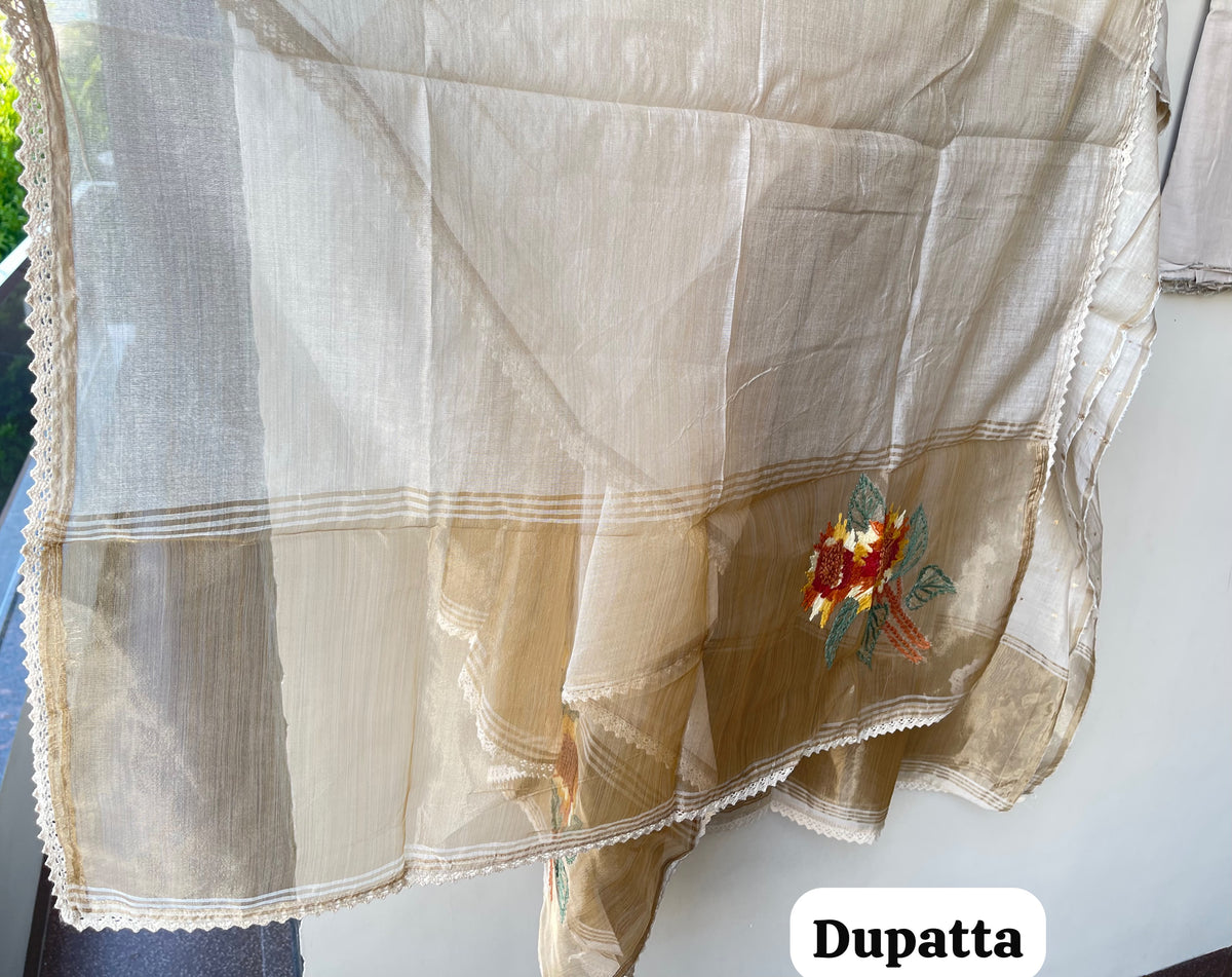 Banarasi Mul Chanderi Resham & Crotia Lace Embroidered Unstitched Suit Set with Dupatta
