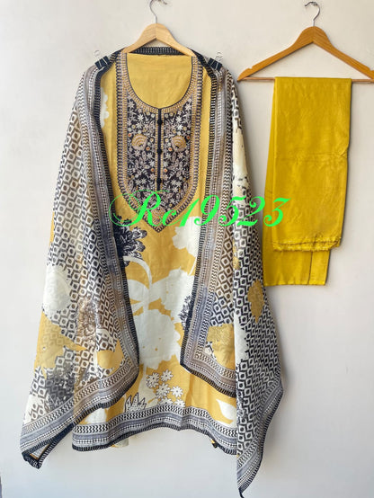 Organza Printed Pearl & Swarovski Embroidered Unstitched Suit Set with Dupatta