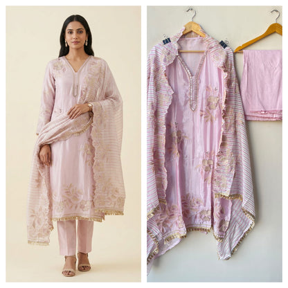 Satin Crepe Resham & Zari Embroidered Unstitched Suit Set with Dupatta