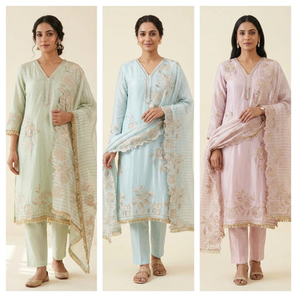Satin Crepe Resham & Zari Embroidered Unstitched Suit Set with Dupatta