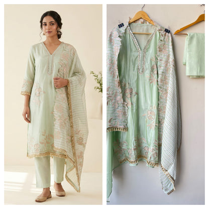 Satin Crepe Resham & Zari Embroidered Unstitched Suit Set with Dupatta