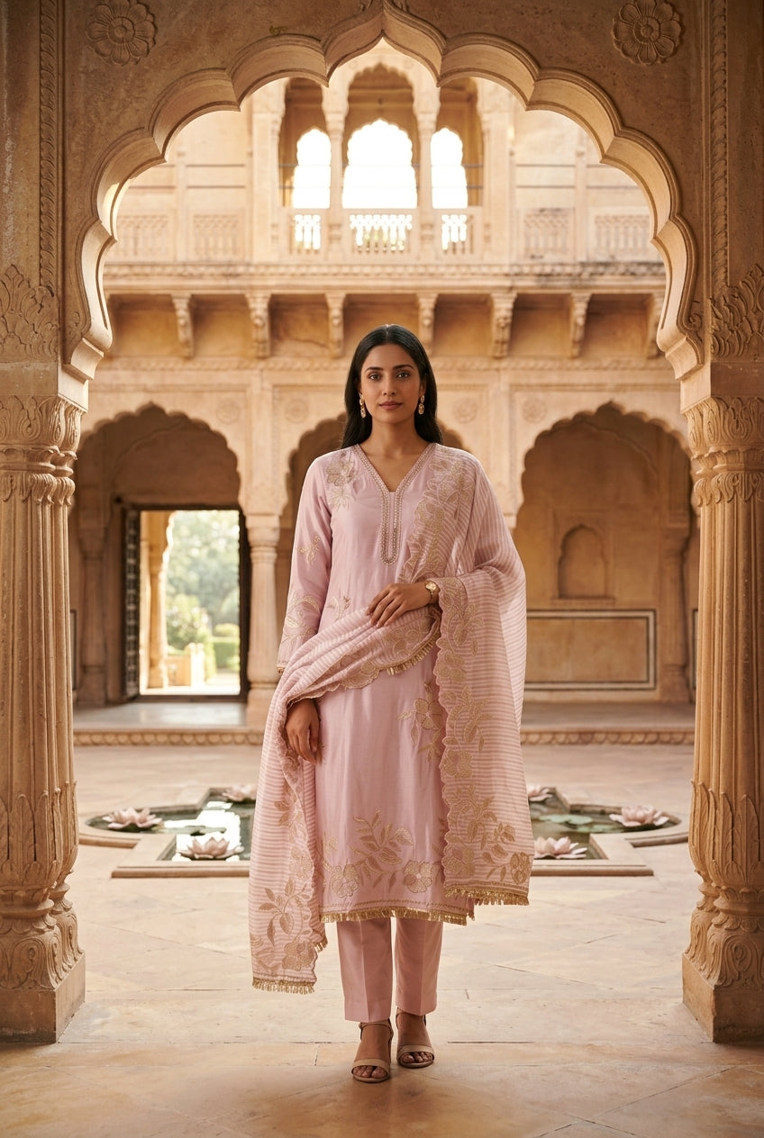 Satin Crepe Resham & Zari Embroidered Unstitched Suit Set with Dupatta