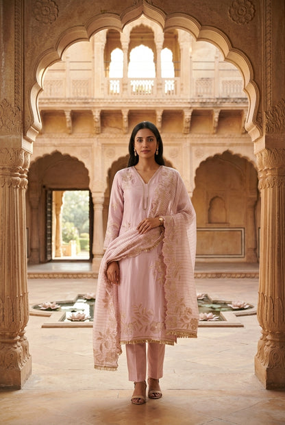 Satin Crepe Resham & Zari Embroidered Unstitched Suit Set with Dupatta