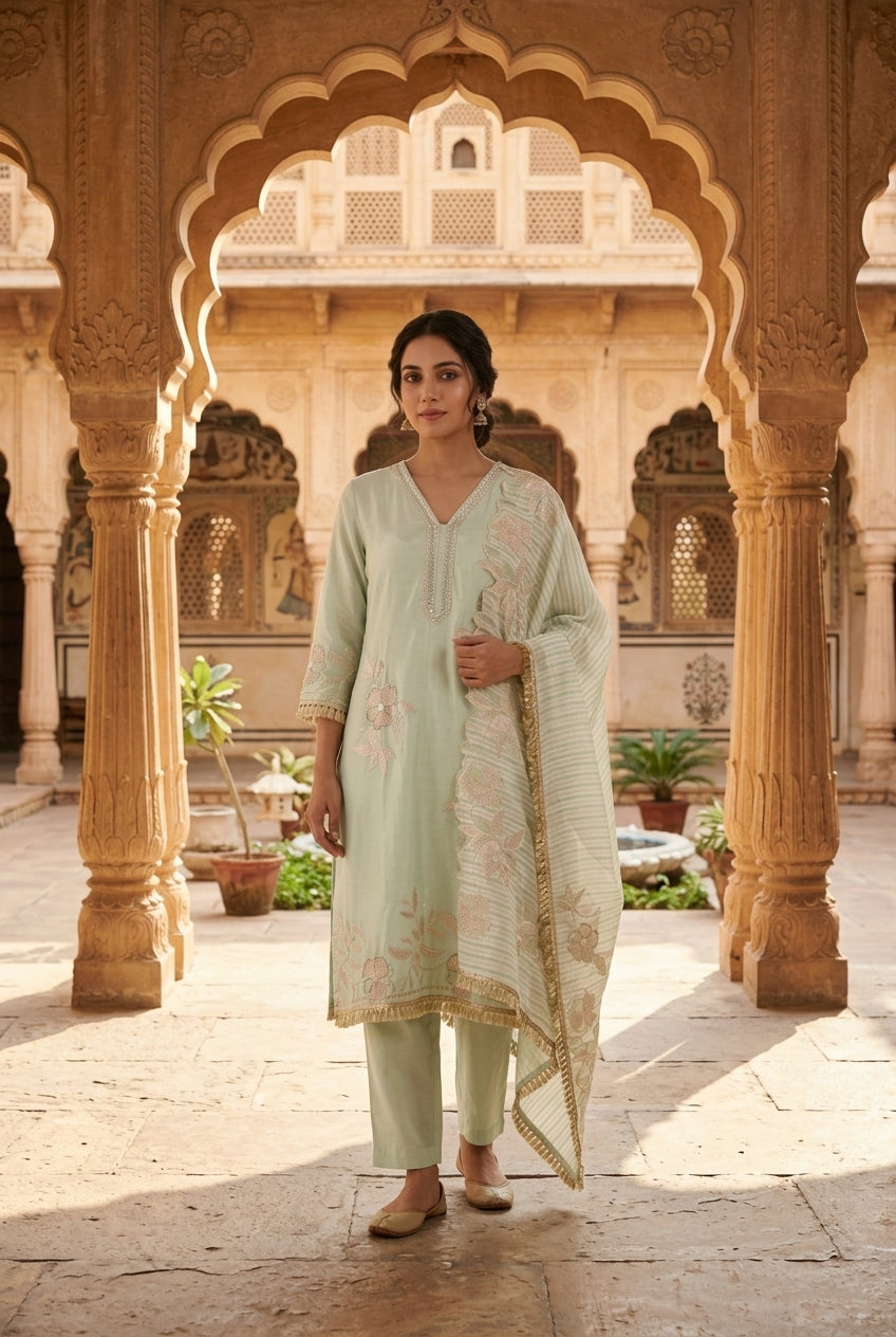 Satin Crepe Resham & Zari Embroidered Unstitched Suit Set with Dupatta