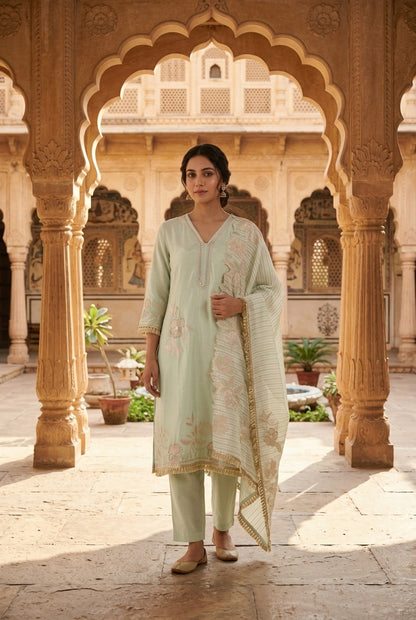 Satin Crepe Resham & Zari Embroidered Unstitched Suit Set with Dupatta