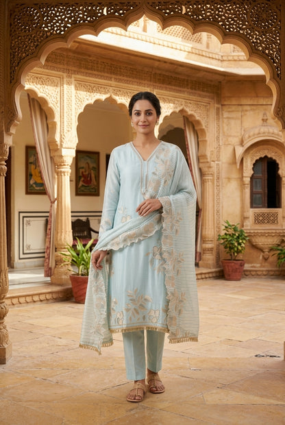 Satin Crepe Resham & Zari Embroidered Unstitched Suit Set with Dupatta