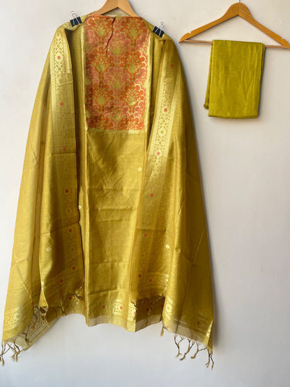 Banarasi Cotton Silk Woven Woven Embroidered Unstitched Suit Set with Dupatta