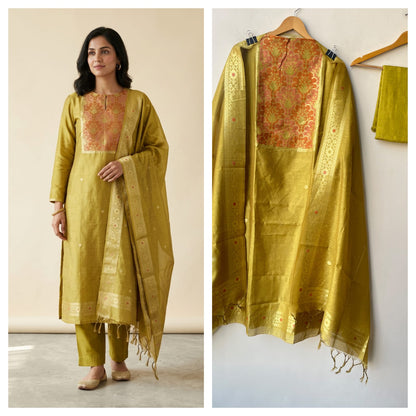 Banarasi Cotton Silk Woven Woven Embroidered Unstitched Suit Set with Dupatta