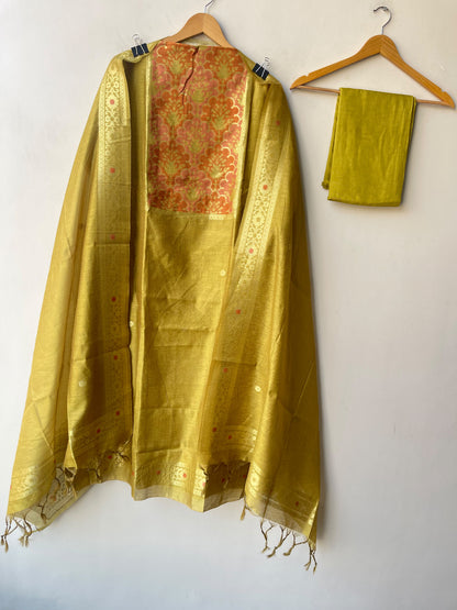 Banarasi Cotton Silk Woven Woven Embroidered Unstitched Suit Set with Dupatta