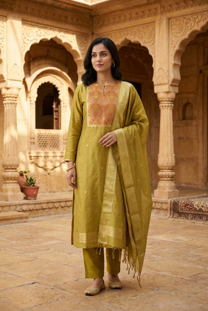 Banarasi Cotton Silk Woven Woven Embroidered Unstitched Suit Set with Dupatta