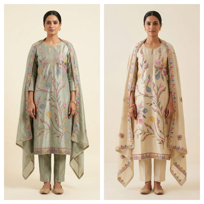 Festive Shimmer Silk Resham Embroidered Unstitched Suit Set with Dupatta