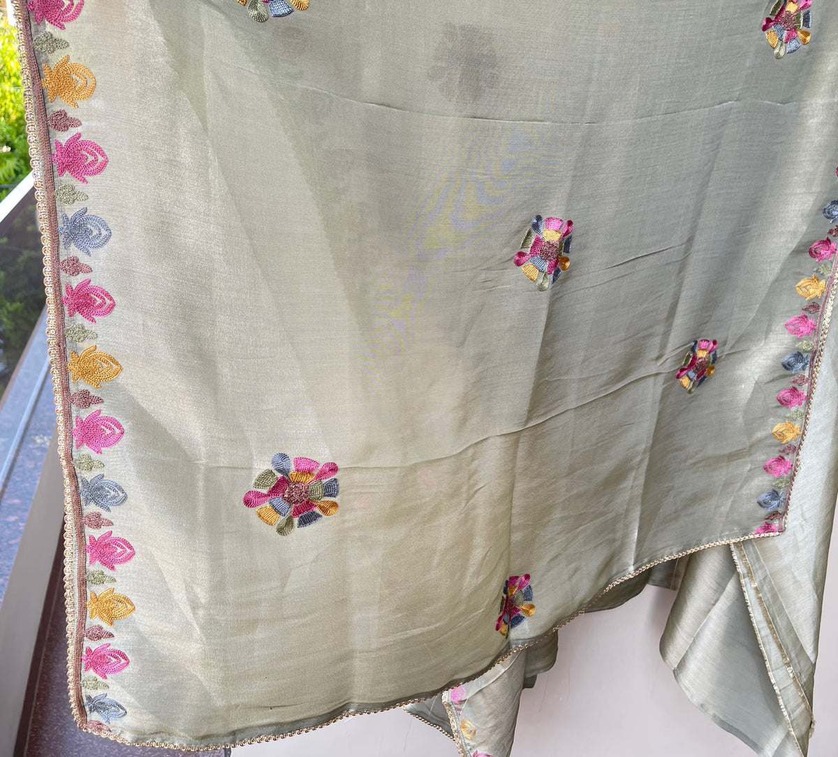 Festive Shimmer Silk Resham Embroidered Unstitched Suit Set with Dupatta