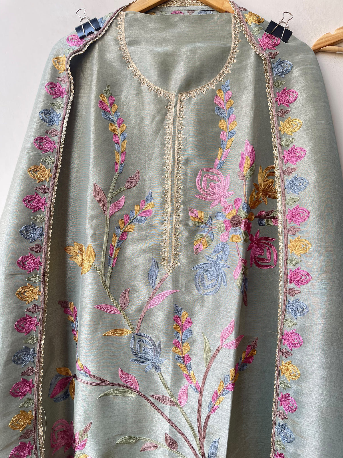 Festive Shimmer Silk Resham Embroidered Unstitched Suit Set with Dupatta