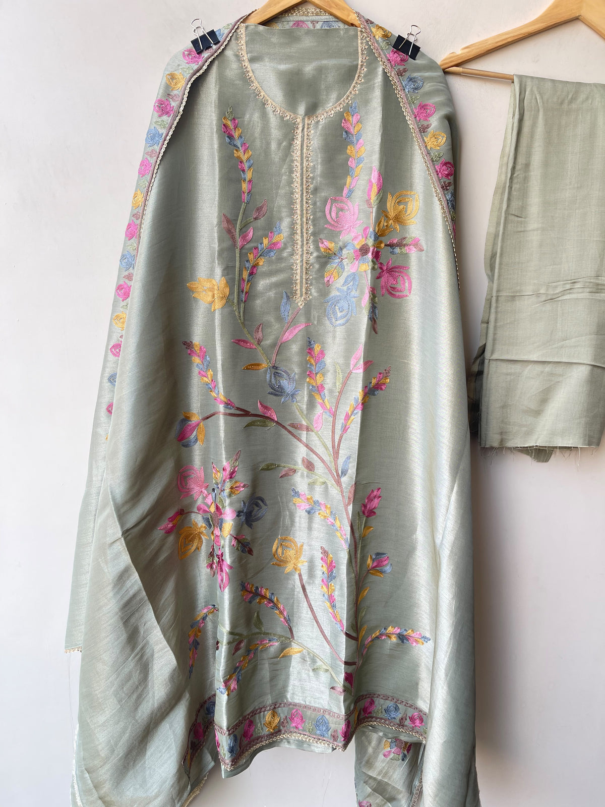 Festive Shimmer Silk Resham Embroidered Unstitched Suit Set with Dupatta