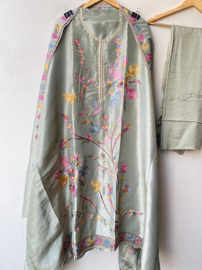 Festive Shimmer Silk Resham Embroidered Unstitched Suit Set with Dupatta