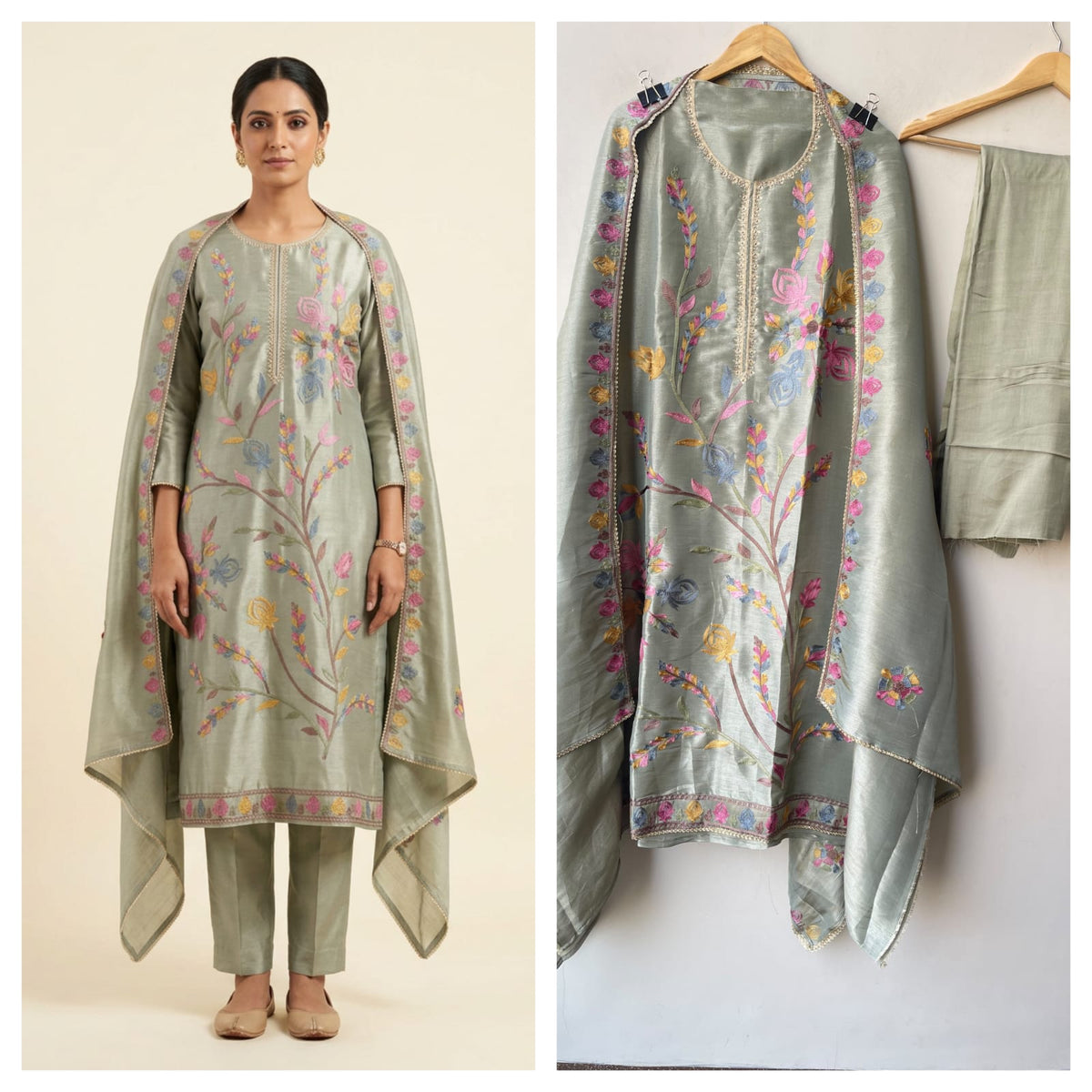 Festive Shimmer Silk Resham Embroidered Unstitched Suit Set with Dupatta