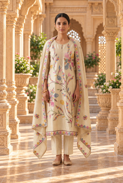 Festive Shimmer Silk Resham Embroidered Unstitched Suit Set with Dupatta