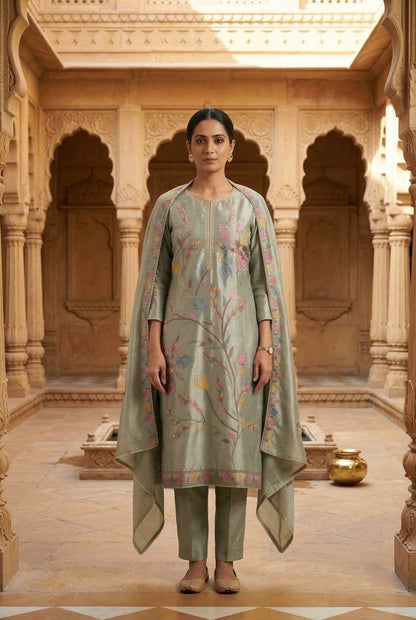 Festive Shimmer Silk Resham Embroidered Unstitched Suit Set with Dupatta