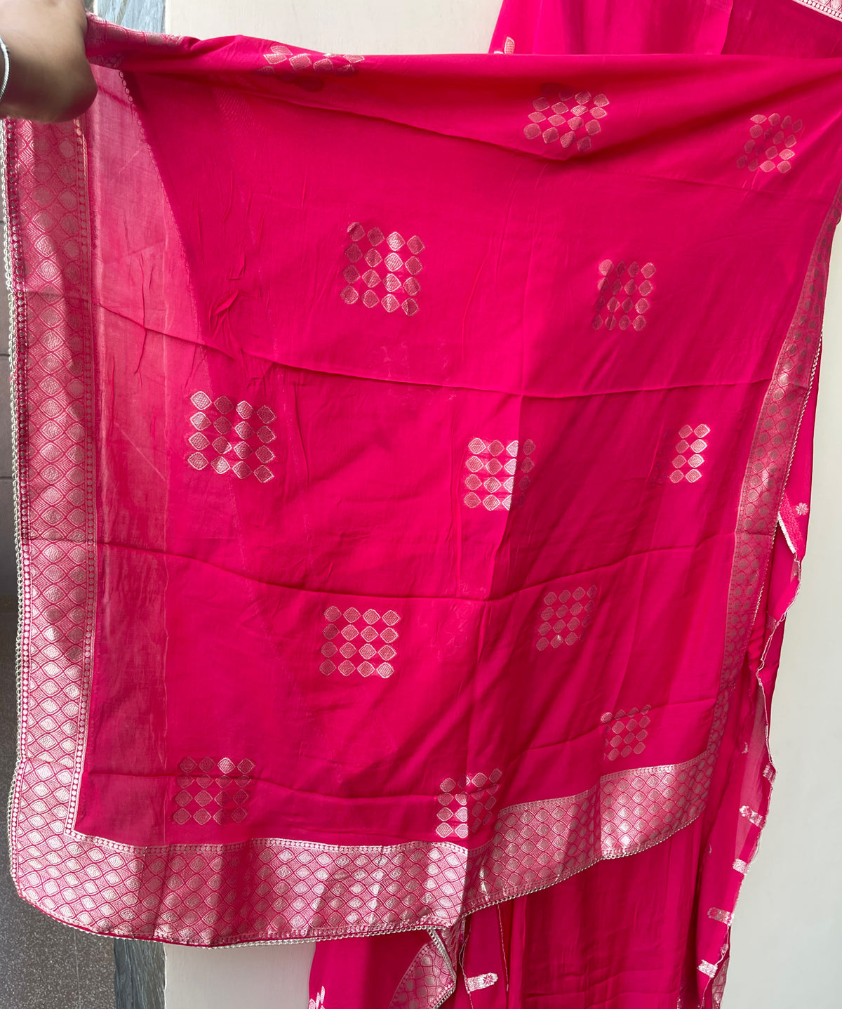 Karwachauth Special Banarasi Mul Chanderi Woven Dabka & Woven Embroidered Unstitched Suit Set with Dupatta