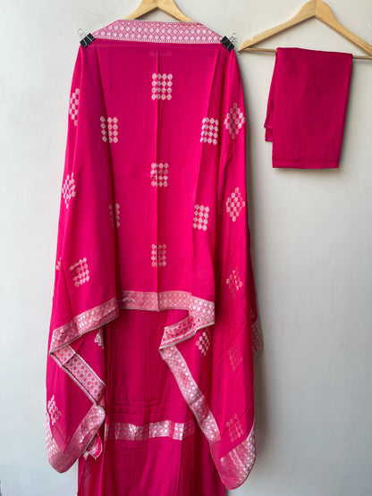 Karwachauth Special Banarasi Mul Chanderi Woven Dabka & Woven Embroidered Unstitched Suit Set with Dupatta