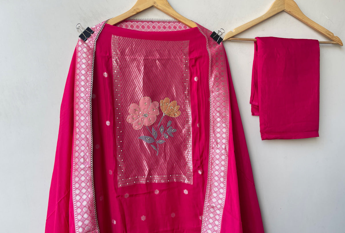 Karwachauth Special Banarasi Mul Chanderi Woven Dabka & Woven Embroidered Unstitched Suit Set with Dupatta