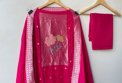 Karwachauth Special Banarasi Mul Chanderi Woven Dabka & Woven Embroidered Unstitched Suit Set with Dupatta