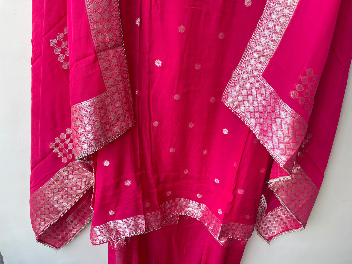 Karwachauth Special Banarasi Mul Chanderi Woven Dabka & Woven Embroidered Unstitched Suit Set with Dupatta