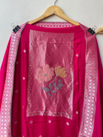 Karwachauth Special Banarasi Mul Chanderi Woven Dabka & Woven Embroidered Unstitched Suit Set with Dupatta