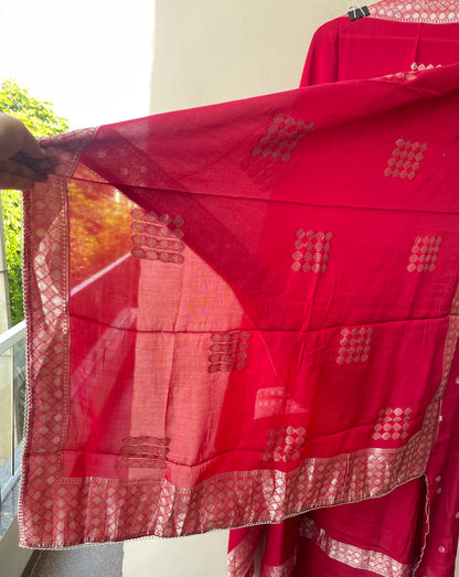 Karwachauth Special Banarasi Mul Chanderi Woven Dabka & Woven Embroidered Unstitched Suit Set with Dupatta