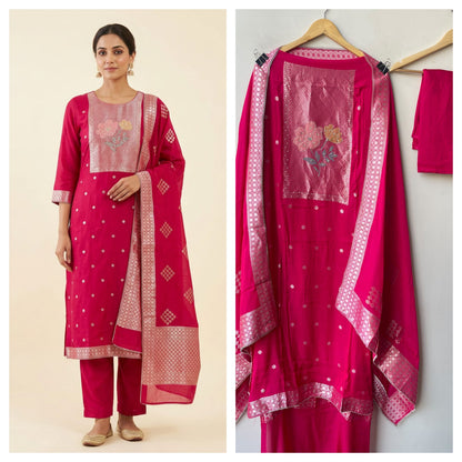 Karwachauth Special Banarasi Mul Chanderi Woven Dabka & Woven Embroidered Unstitched Suit Set with Dupatta
