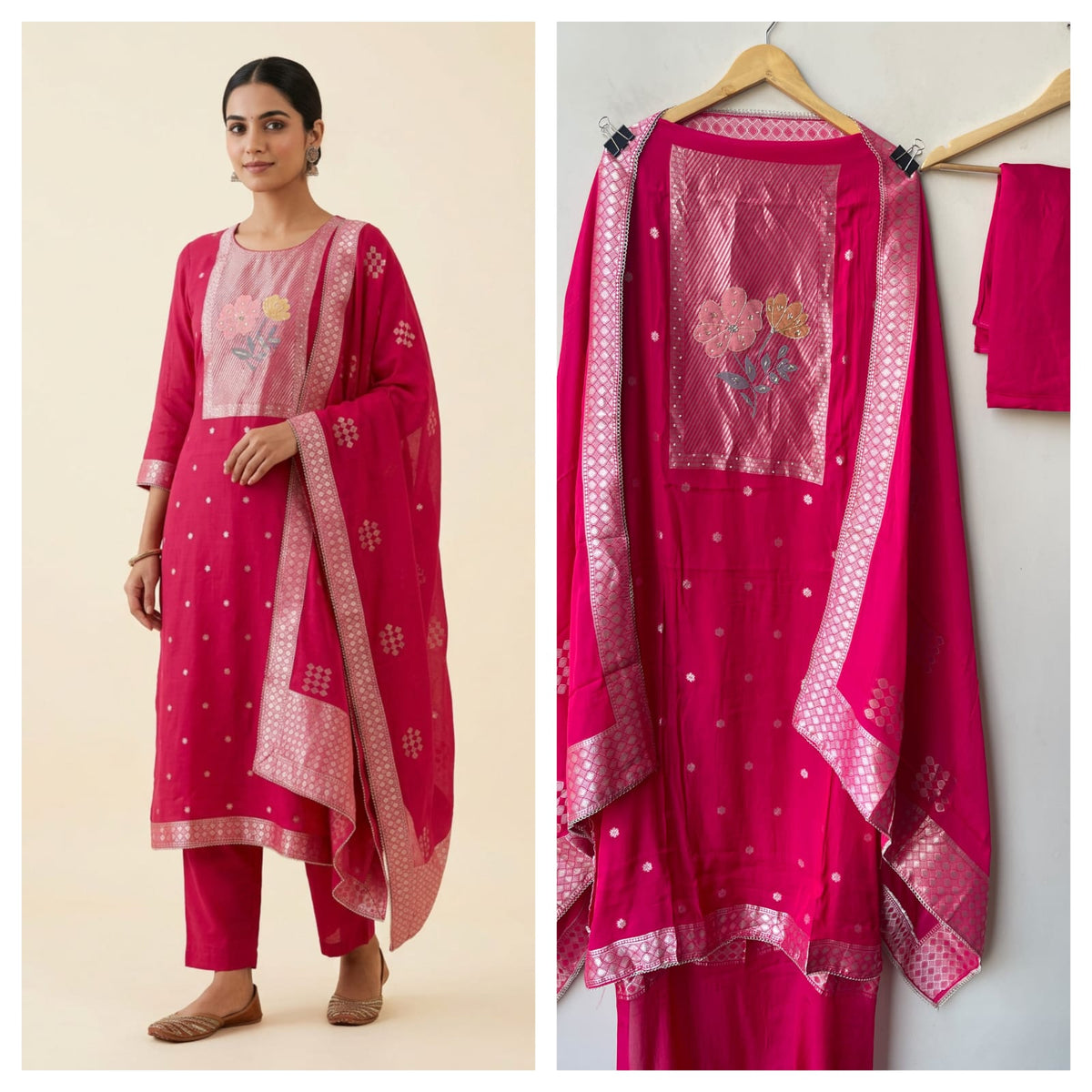 Karwachauth Special Banarasi Mul Chanderi Woven Dabka & Woven Embroidered Unstitched Suit Set with Dupatta