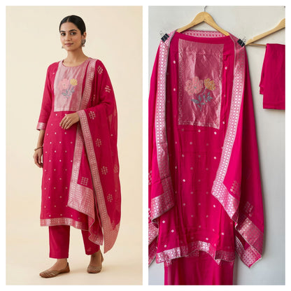 Karwachauth Special Banarasi Mul Chanderi Woven Dabka & Woven Embroidered Unstitched Suit Set with Dupatta