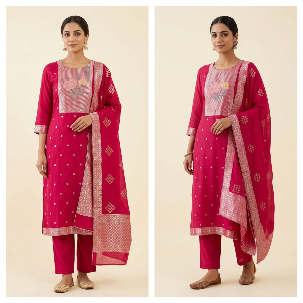Karwachauth Special Banarasi Mul Chanderi Woven Dabka & Woven Embroidered Unstitched Suit Set with Dupatta