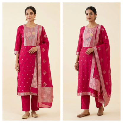 Karwachauth Special Banarasi Mul Chanderi Woven Dabka & Woven Embroidered Unstitched Suit Set with Dupatta