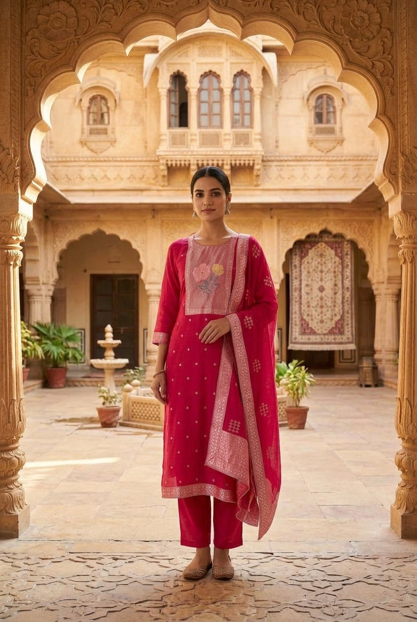 Karwachauth Special Banarasi Mul Chanderi Woven Dabka & Woven Embroidered Unstitched Suit Set with Dupatta