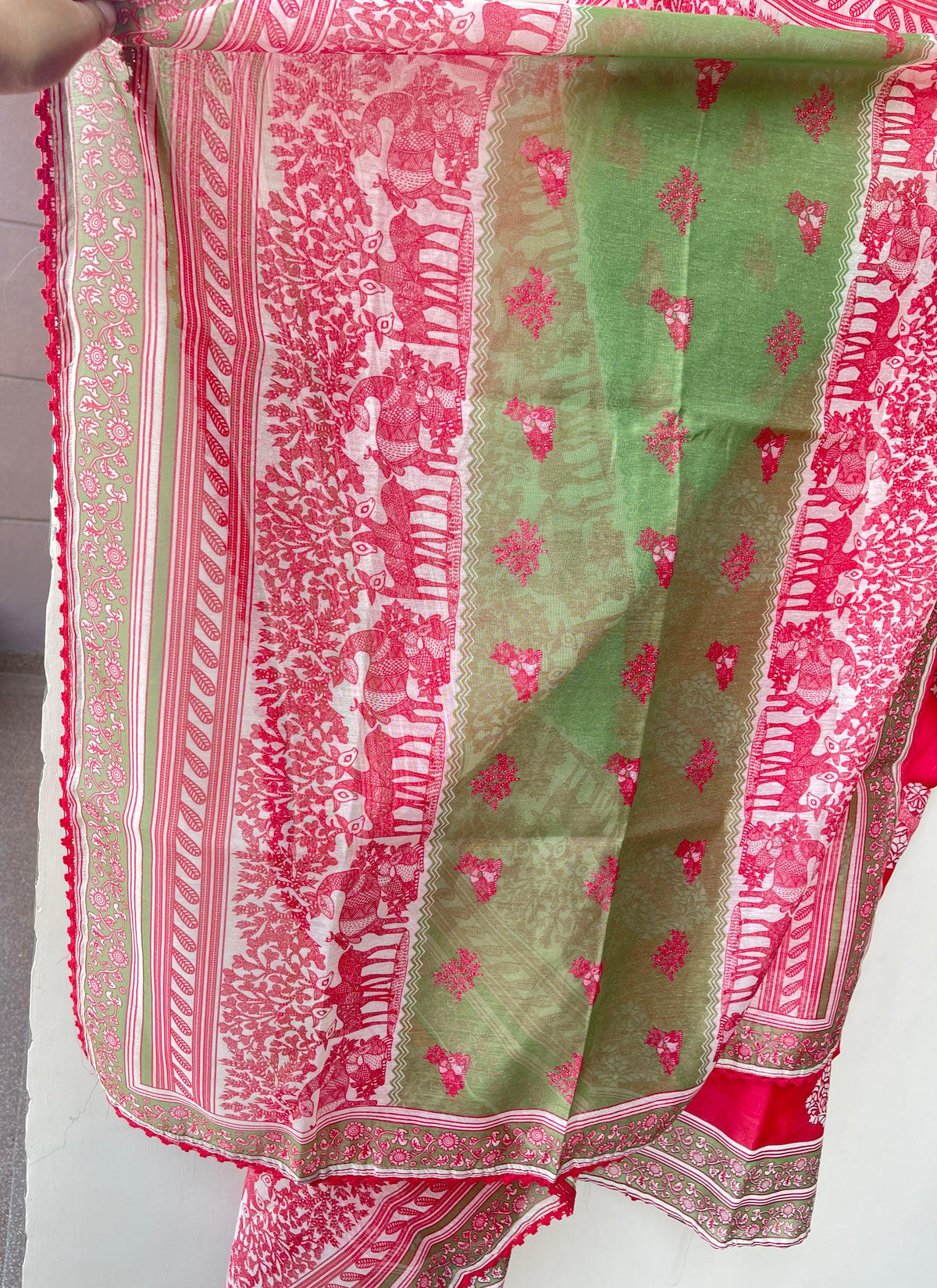 Mul Chanderi Printed Resham & Crotia Lace Embroidered Unstitched Suit Set with Dupatta