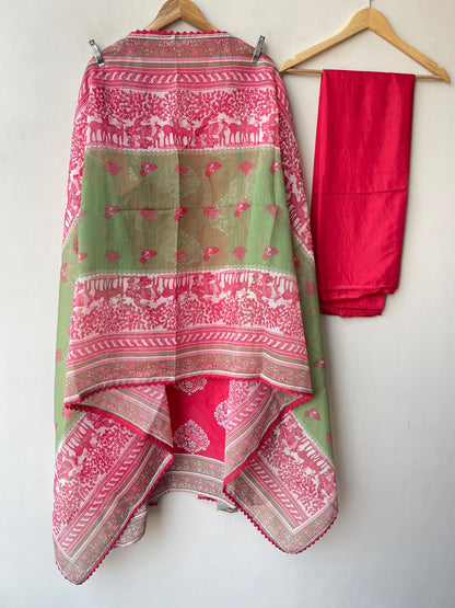 Mul Chanderi Printed Resham & Crotia Lace Embroidered Unstitched Suit Set with Dupatta