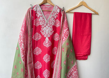 Mul Chanderi Printed Resham & Crotia Lace Embroidered Unstitched Suit Set with Dupatta