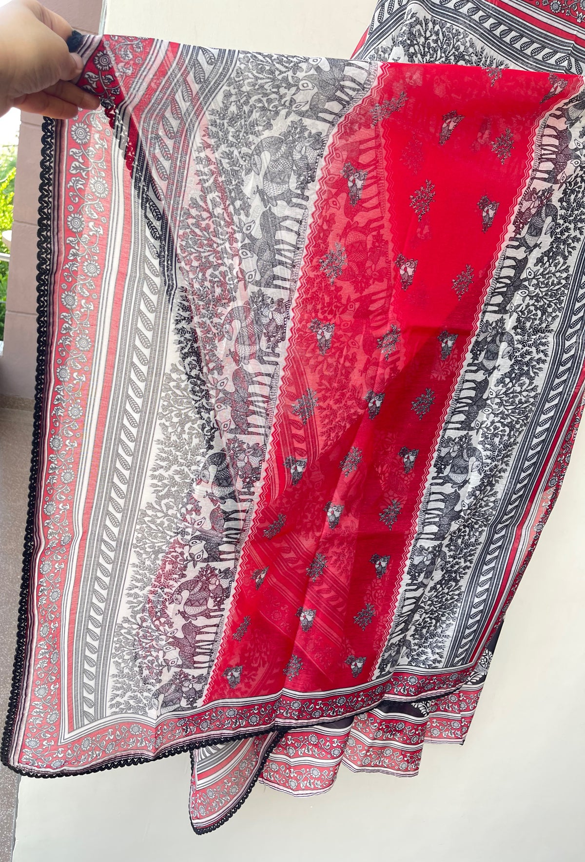 Mul Chanderi Printed Resham & Crotia Lace Embroidered Unstitched Suit Set with Dupatta